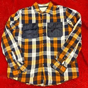Rebel James & Charli Mens Size Small Orange Blue Plaid Thick Long Sleeve Flannel